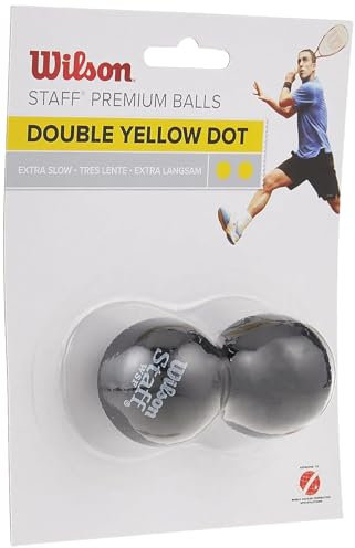 Wilson Squash-Ball, 2 Stück, Extra langsam, Wettkampf, Doppelter gelber Punkt, Staff Premium Double Yellow Dot, WRT617600, Schwarz