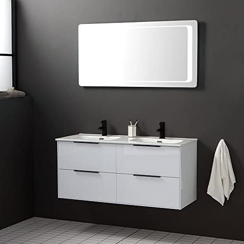 Kiamami Valentina - Mobile Bagno Sospeso 120CM Parigi | Bianco Lucido | Specchio LED Retroilluminato con Sensore Touch | 4 Cassetti e Doppio Lavabo, Specchio LED Touch, 120CM, Resina