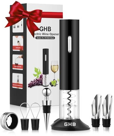 GHB Cavatappi Elettrico per Vino 8 in 1 Apribottiglie Elettrico con Base,Taglierina, Versatore,Tappo Regalo per Gli Amanti del Vino