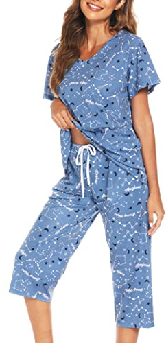ENJOYNIGHT Pigiama da Donna in Cotone Estivo, Set Corto con Maniche Corte e Pantaloni Capri 3/4, Biancheria da Notte, 3XL