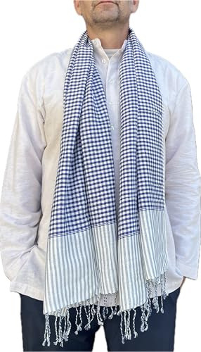 Kroma | Cambodian Scarf | Traditional Khmer Scarf to Protect from Sun, Dust, Cold (Blue and Grey)