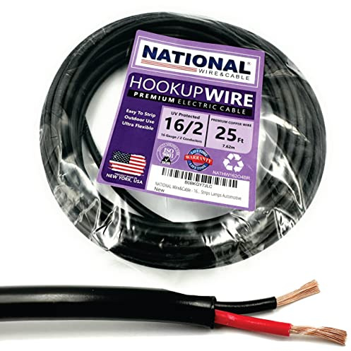 NATIONAL Wire & Cable – 16 AWG 2-Conductor Premium Copper Wire, 25 ft, Stranded | Made in USA, Heavy-Duty Flexible Jacket | LED, Lights, DIY Projects, Low Voltage Wiring, Indoor and Outdoor Use