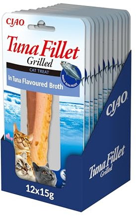 INABA Filetti di Tonno Grigliato per Gatti, in Brodo al Gusto di Tonno - Snack Gatto Ricco di Antiossidanti, Senza Conservanti o Coloranti Artificiali, Grain-Free - Cibo per Gatti, 12 Filetti x 15gr