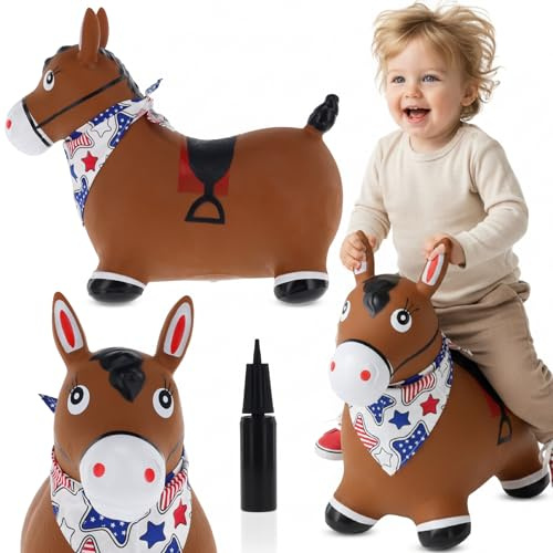 Sun Baby Animale gonfiabile che salta, giocattolo di 1 anno, saltarello per bambini, design ergonomico, cavallo giocattolo, pompa manuale inclusa (Cavallo marrone con bandana)
