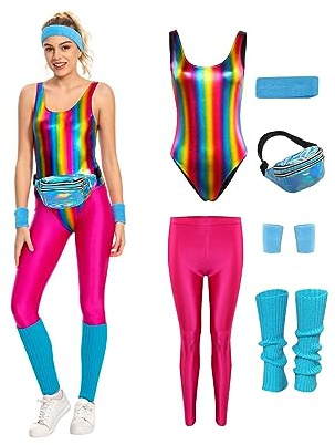 MASSWO Damen Aerobic-Kostüm 80er Jahre Workout Outfit 90er Jahre Zubehör-Set Retro Jogginganzug Hüfttasche Gym Yoga Laufen, Rose, XL
