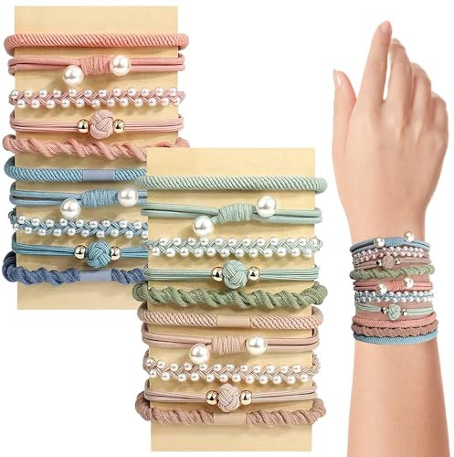 20er-Pack Boho-Haargummis, Boho-Haargummis für Frauen und Mädchen, dehnbare Pferdeschwanzhalter mit Perlen, elastische Haargummis, Armbänder für dünnes/dickes/mittleres/langes Haar (natürlich)