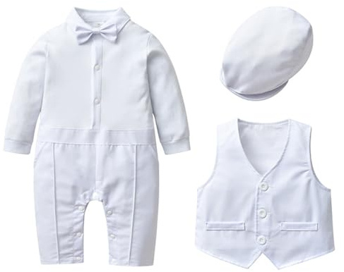 Mameluco para caballero para bebé, traje de bautizo, ropa de bautizo, traje de bautizo para bebé, mono con corbatín, chaleco con sombrero, trajes de cumpleaños, bodas y fiestas, blanco, 9-12 meses