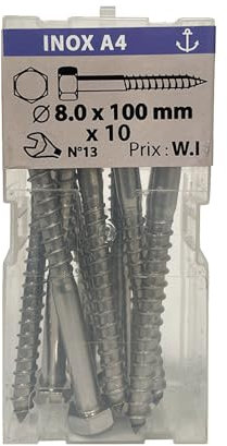 10 vis à bois 8 x 100mm tête hexagonale inox A4 - Viswood