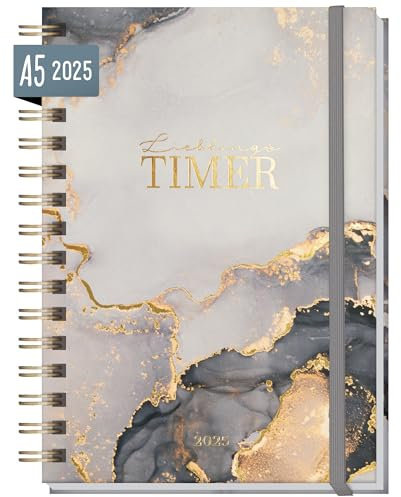 Häfft® Lieblings-Timer Kalender 2025 A5 Grey Marble Hardcover Terminplaner, Spiralkalender, Terminkalender, Wochenplaner, Ringbuch Planner - nachhaltig & klimafreundlich