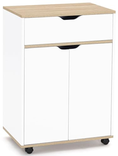 IDMarket - Desserte de cuisine COSY placard avec tiroir bois blanc et plateaux façon hêtre L.60 CM