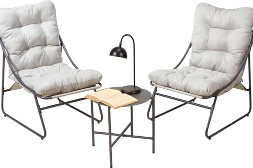 idooka 3 Piece Bistro Set | Includes 2 x Black Garden Chairs, 1 x Black Small Table, 2 x Beige Cushions | Garden Furniture Made of Durable Steel with Weather Resistant Powder Coating