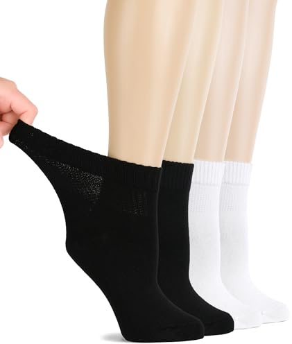 Hugh Ugoli Calzini Donna Diabetici in Bambù, 4 Paia, Calzini Corti Morbidi e Traspiranti, Extra Larghi per Caviglie Gonfie, Bordo Senza Elastico e Punta Senza Cuciture, Bianco, Nero, 40-43