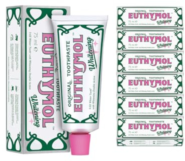 Euthymol Whitening Toothpaste 75ml x 6, Contains Fluoride, Non-GMO Gluten Free, Plaque Removal Cavity Protection Antibacterial, White Clean Teeth, Freshens Breath Refreshing Dental Care