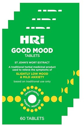 HRI Good Mood 60 Tablets - to Relieve The Symptoms of Slightly Low Mood and Mild Anxiety - 334 mg of St John's Wort Extract, Equivalent to 1670mg – 2338mg of St John’s Wort. 4 Pack