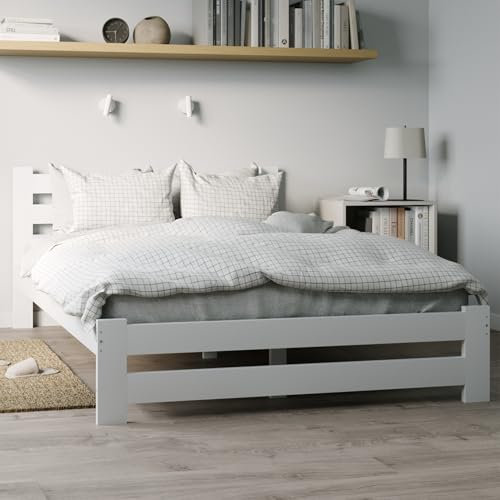 Home Collective Holzbett 140x200 cm mit Lattenrost Modern Bett Bed Kiefer Massiv Bettgestell Doppelbett Massivholzbett Klassisch Komfortabel & Langlebig Skandinavisch Boho Landhaus Kopfteil hoch weiß