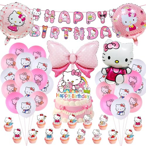 48 PCS Kity Geburtstags Deko Luftballons Cartoon Set, Kindergeburtstag Dekoration Luftballons Set mit Happy Birthday Banner Cake Topper, Geburtstags Party Dekorationen für Kinder Mädchen