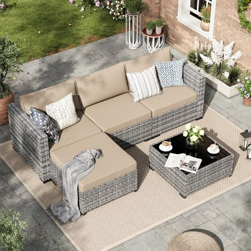 Amopatio Rattan trädgårdsmöbelset, poly rotting sittgrupp soffa 5 delar med 3 soffor, fåtölj, kuddar och glasbord för trädgård, terrass och balkong, loungeset, gråmelerat och kaki-överdrag