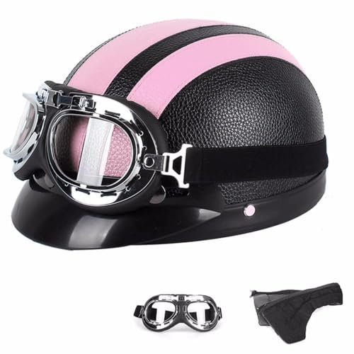PAESCOY Motorradhelm Damen Herren Open Face Retro Halbschalenhelm DOT/ECE-Zertifizierter Mit Schutzbrillen Scooter Helm Jethelm Downhill Helm Mopedhelm Schutzhelm Für Cruiser Chopper,Pink-54~60CM
