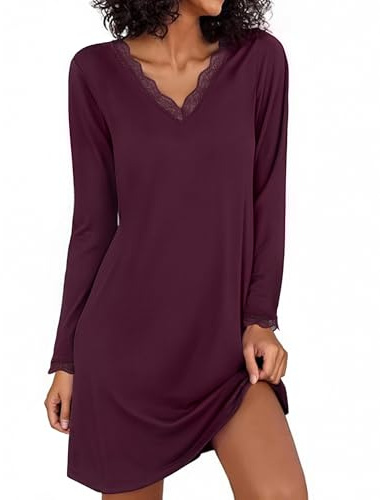 Demegimi Camicia da Notte Donna Cotone a Maniche Lunghe Camicia da Notte Collo a V in Pizzo Morbida e Confortevole