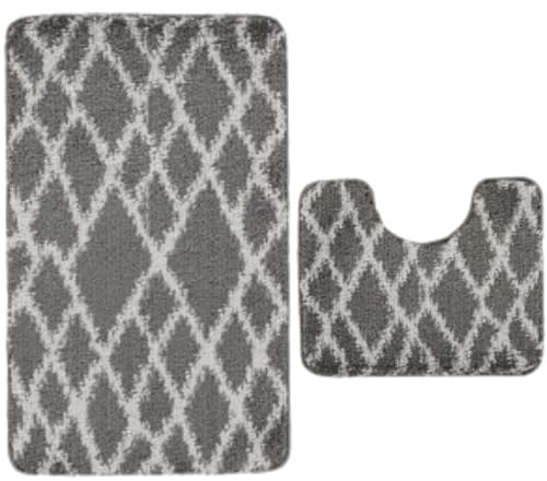 Paradise Bath Mat Set - Bath Mats 2 Piece Set- Soft Plush Anti-Slip Rugs - Bathroom Carpet Essentials - Bathroom Mat Quick Dry - Washable Mats - (Greyy, 80 x 50 cm + U Shaped 48 x 48 cm)