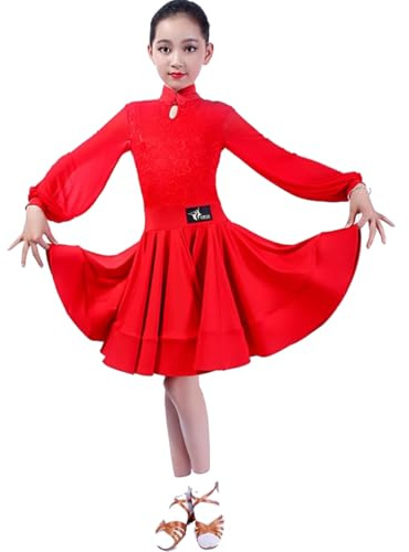 purpleq Latinsk dansklänning för flickor med Qipao-krage och lyktärmar, professionell tango, salsa och cha-cha-outfit, röd, XXL