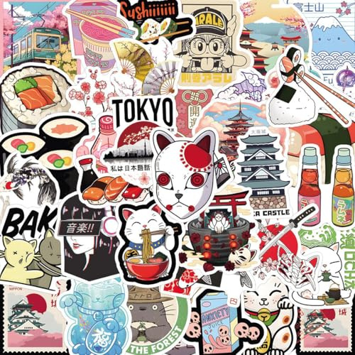 GWEOR Lot de 55 autocollants de voyage japonais pour ordinateur portable, Cadeau pour enfants, adolescents, adultes, garçons, Sakura japonais, En vinyle imperméable, Pour scrapbooking