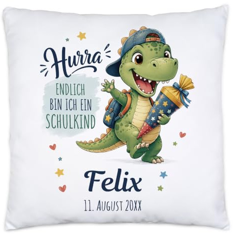 Kiddle-Design Schulanfang Kissen Dinosaurier Junge personalisiert mit Name, Datum zur Einschulung 2026 - Hurra, endlich Bin ich EIN Schulkind Dino Kissen Geschenk