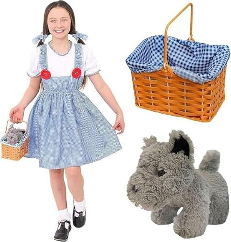 Girls Dorothy Style Costume with Dog in Basket – Blue Gingham Dress Outfit with Matching Hair Ties and Plush Grey Dog – Kansas Storybook World Book Day Fancy Dress