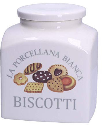 La Porzellan, Weiß, Keksdose aus Porzellan, dekoriert in Geschenkbox, Aufbewahrung, Gläser und Behälter – Küche – Porzellan – 3500 cc; 15,5 x 15,5 x 20 cm