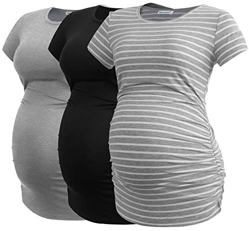 Smallshow Women's Maternity Tops Side Ruched Tunic T-Shirt Pregnancy Clothes, Black/Light Grey/Grey Stripe, XL