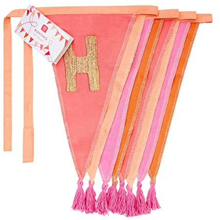 Rosa Stoff Happy Birthday Bunting Banner mit Quasten - 3m | Wimpelgirlande mit Dreiecksflagge, 100% Baumwolle, für Mädchen, Frauen, drinnen oder draußen, wiederverwendbare Dekorationen