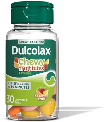 Dulcolax Saline Laxative Chewy Fruit Bites, Fast Acting Laxative & Gentle Constipation Relief, Assorted Fruit Flavor, Magnesium Hydroxide 600 mg, 30 Count