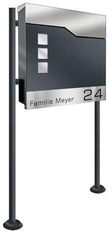 Briefkasten in anthrazit incl. Standfuß und Beschriftung - aus pulverbeschichtetem Stahl mit Zeitungsrolle und Sichtfeldern