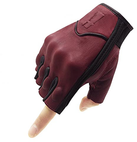 Harssidanzar Guantes de Motocicleta de Cuero de Piel de Cabra sin Dedos para Hombre con Pantalla táctil GM037EU,Rojo/Negro,Talla L