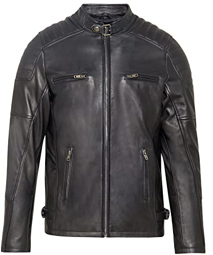 URBAN 5884 Chaqueta de Piel Hombre RALF, Chaqueta de Piel Genuina Estilo Motero, Suave y Duradera, Hecha a Mano, Negro, M