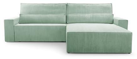 Ecksofa Denver L – Ottomane beidseitig montierbar, Ecksofa aus Cord, Couch für Wohnzimmer, Schlafsofa Sofagarnitur Eckcouch L-Form Cordstoff mit Bettkasten und Schlaffunktion (Poso 47 Mintgrün)