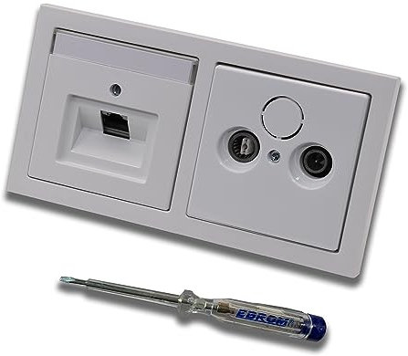 Busch Jäger, Rutenbeck Unterputz Netzwerkdose 10 Gigabit/S KAT6A 6A 1 x RJ45 Anschluss + WISI 2-Loch Durchgangsdose im BJ Future Linear Studioweiß Design + EBROM Phasenprüfer z. Montage d. Geräte