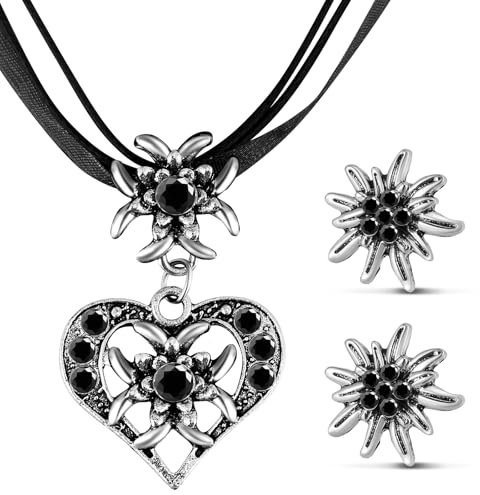 Patelai Set di 3 Gioielli Bavaresi Tradizionali Collana Tedesca con Ciondolo a Forma di Stella Alpina con Strass e Orecchini a Bottone di Stella Alpina per Donna Pantaloni in Pelle Dirndl (Nero)