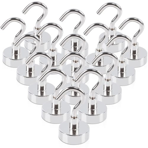 FPMYB 16 Stück starke 15KG Magnethaken Neodym Metall 20mm Stanzfrei für Eisentüren Kühlschränke Küche Grill BBQ Kleiderständer Schrank Basteln Büro