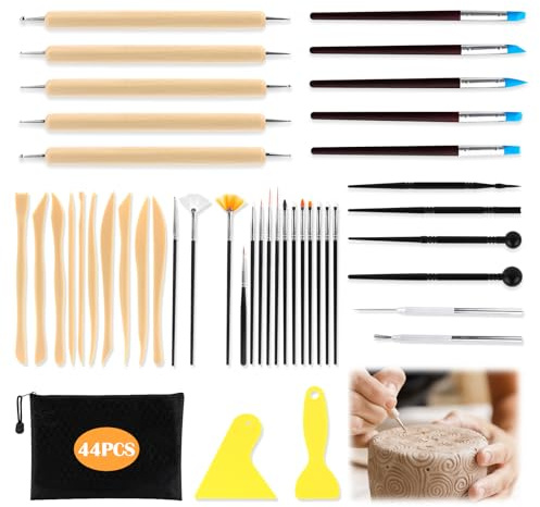 VFANDV Kit Ceramica, 44 Pezzi Attrezzi Ceramica Strumenti per Modellare Argilla Kit Ceramica DIY Kit Argilla da Modellare Strumenti di Ceramica per Intaglio Scultura Modellazione Ceramica