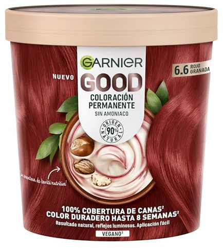 Garnier Good Tinte Colorante Permanente Hasta 8 Semanas, Color Brillante y Luminoso, Cubre el 100% del Cabello Blanco, Fórmula Vegana sin Amoniaco, 6.6 rojo Granada, 3 paquetes