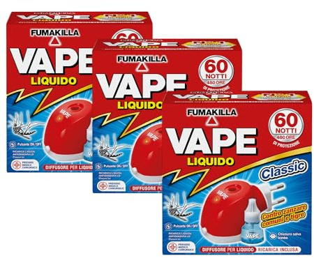 Vape Zanzare Diffusore Elettrico Classic Con Ricarica Liquida 60 Notti 30Ml (3 Unità)