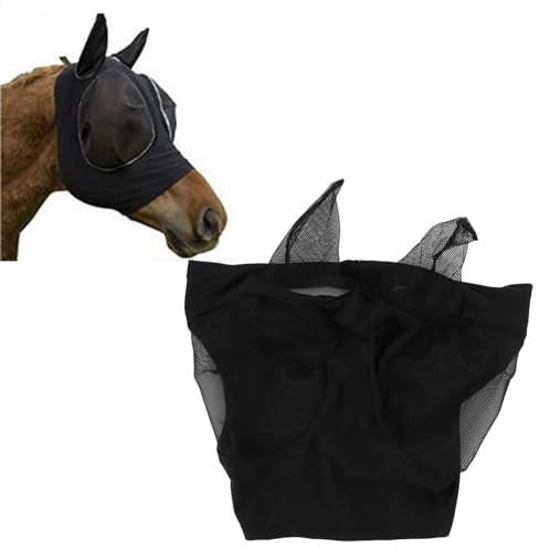 Gsycle hästnät flugmask, andningsbar, elastisk hästansiktsmask med öronskydd, mjuka hästflugkontrollmasker (svart)