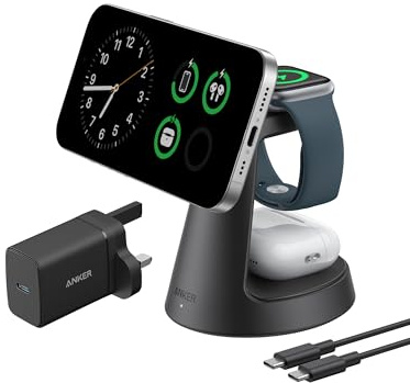 Anker MagGo Magnetic Wireless Charger (Dock Stand), 3-in-1 Qi2 Certified 15W MagSafe Compatible Wireless Charger, For iPhone 17/16/15/14/13 Series, Apple Watch, AirPods Pro, and More (Adapter Included
