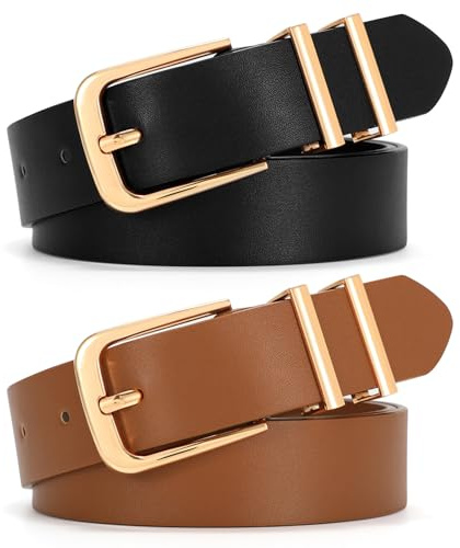 SANSTHS 2 Pack Women Belt for Jeans Pants, Simple Fashion Ladies Waist Belt with Gold Buckle, 1inch Width, Black+Brown M
