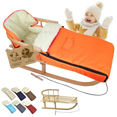 Kombi-erbjudande [träsläde universell vinteråkpåse 108 cm] kälke med ryggstöd och dragrep, fotsäck, lämplig för babystol, barnvagn, buggy med lammull (orange (108 cm))
