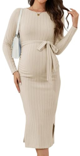 guruixu Crewneck Maternity Sweater Dress Rib Knit Long Sleeve Photoshoot Baby Shower Dresses Slit Pregnancy Sweater Clothes