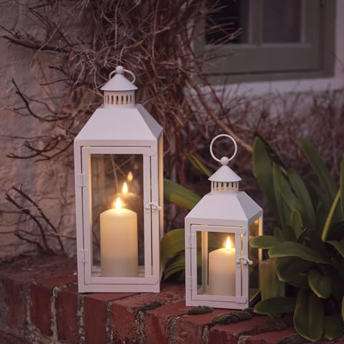 Lights4fun Set of 2 White Metal Decorative TruGlow® Candle Lanterns Battery Operated with Remote Control and Timer Indoor and Outdoor Use