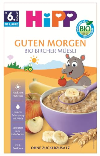 HiPP Bio Baby Bircher Müesli (8 x 250g), ab 6. Monat, mit wertvollem Vollkorngetreide, ohne Zuckerzusatz, besonders zarte Haferflocken, leicht verdauliches Frühstück für Säuglinge und Kleinkinder