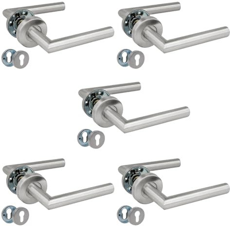 Amig - Set di 5 maniglie con rosetta per porte | Mod. 7RBX | 135 x Ø19 mm | Quadretto da 8 mm | Design Elegante e Semplice | Acciaio Inossidabile | Include Bocachiave per Cilindri | Argento Opaco